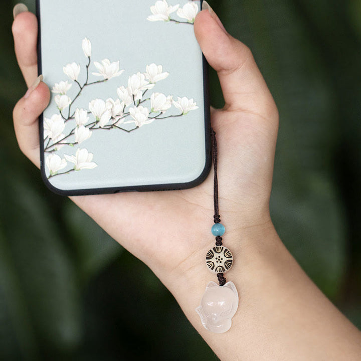 Natuurlijke chalcedoon Telefoonhanger decoratie met vossenmotief. - image 6
