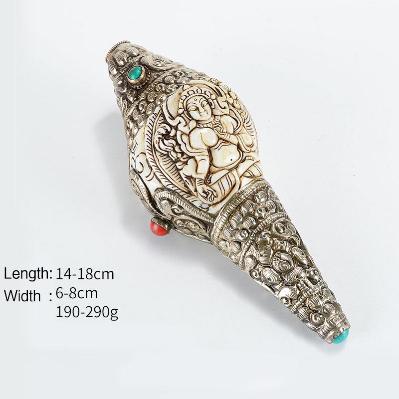 Tibetaanse handgemaakte gegraveerde Shankha Boeddha schelp decoratie, symbool voor welvaart en positiviteit. - Witte Tara - image 2