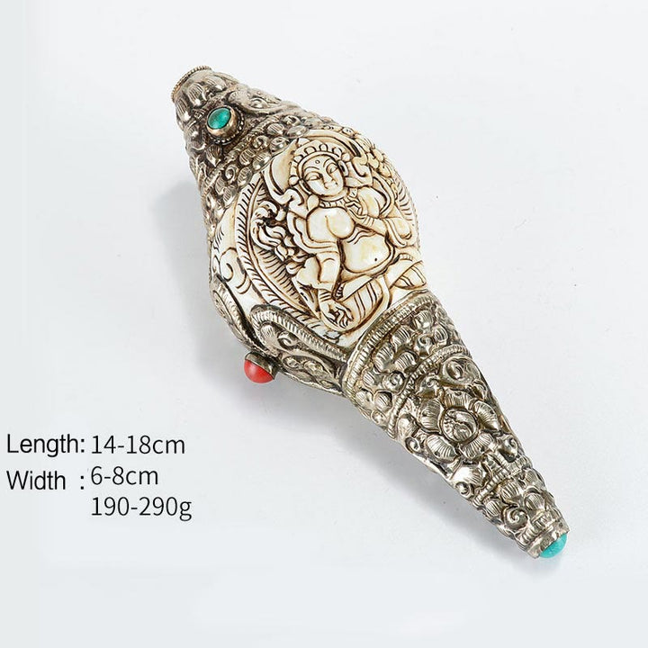 Tibetaanse handgemaakte gegraveerde Shankha Boeddha schelp decoratie, symbool voor welvaart en positiviteit. - Witte Tara - image 2