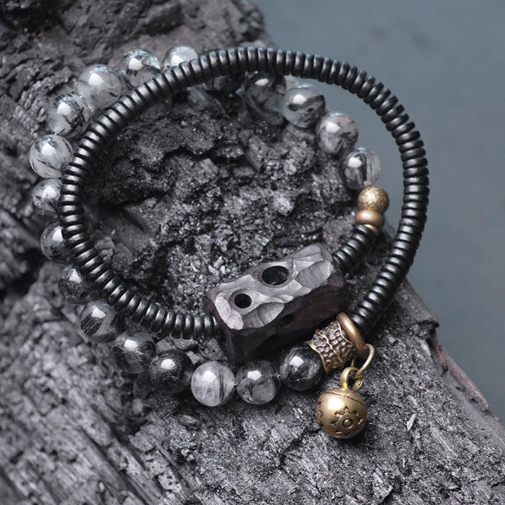 Buddha Stones Armband voor stellen met zwarte rutielkwarts, ebbenhout en koper, symbool van wijsheid. - image 3