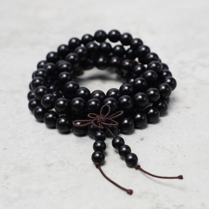 Buddha Stones 108 Mala kralen Armband voor gebed en meditatie, sandelhout, elastisch - Ebbenhout - image 7