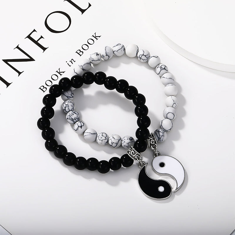 Buddha Stones 2 stuks zwarte onyx en witte turkooizen kralen Yin Yang Armband voor stellen - Zilverzwarte onyx en witte turkoois - image 13