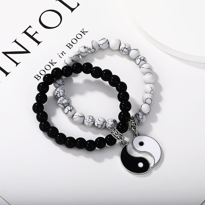 Buddha Stones 2 stuks zwarte onyx en witte turkooizen kralen Yin Yang Armband voor stellen - Zilverzwarte onyx en witte turkoois - image 13
