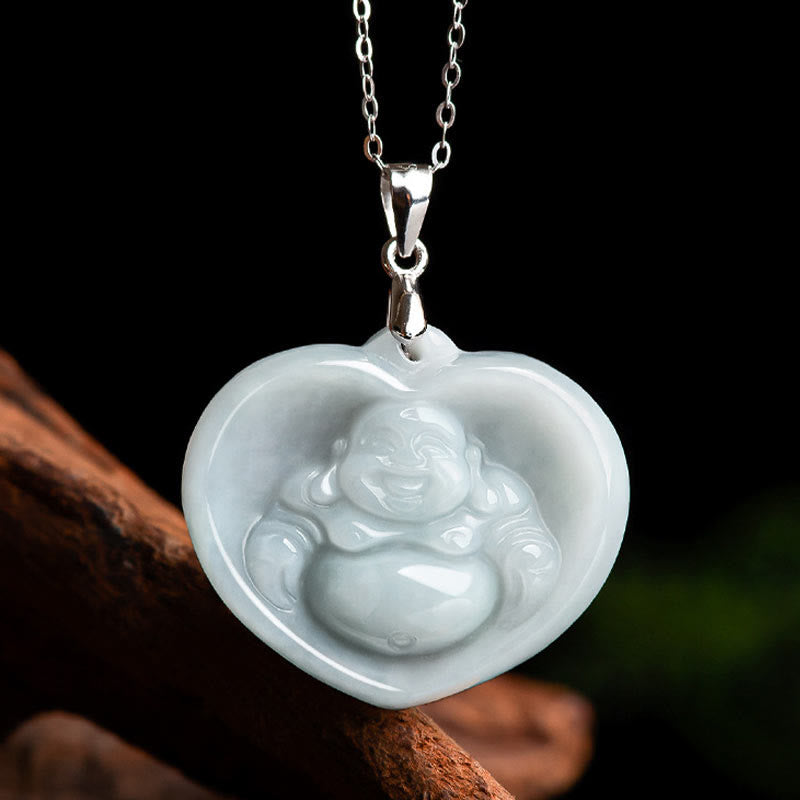 Buddha Stones Lachende Boeddha hanger van witte jade met gelukssymbool en titanium stalen Ketting . - image 3