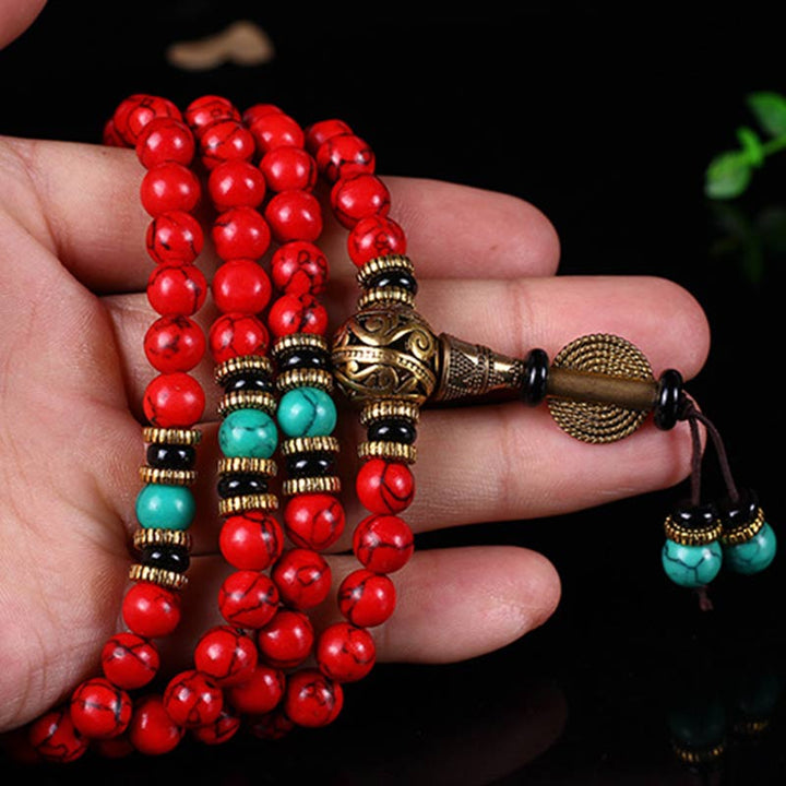 Buddha Stones Tibetaanse Mala geluksketting / Ketting met rode turkoois - image 9