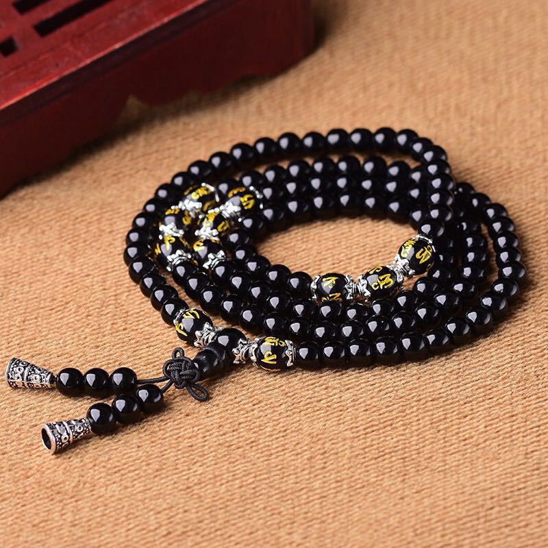 Buddha Stones Zwarte obsidiaan Mala Armband met de zes ware woorden ter bescherming - image 6