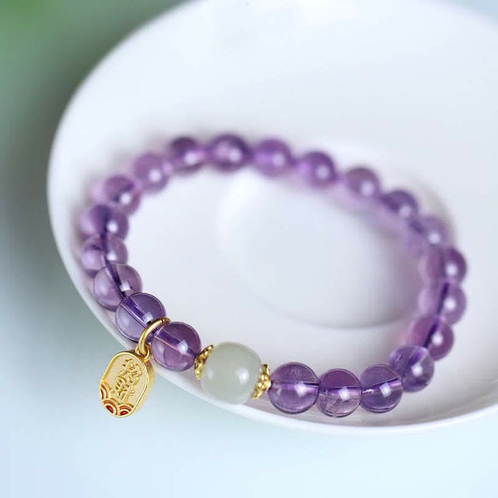 Buddha Stones Natuurlijke amethistkristal Hetian jade helende Armband - image 6
