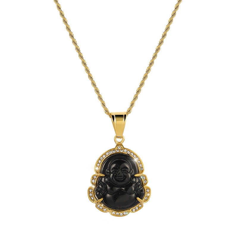 Buddha Stones Ketting met lachende Boeddha van jade, 18 karaats verguld - Zwart - image 9