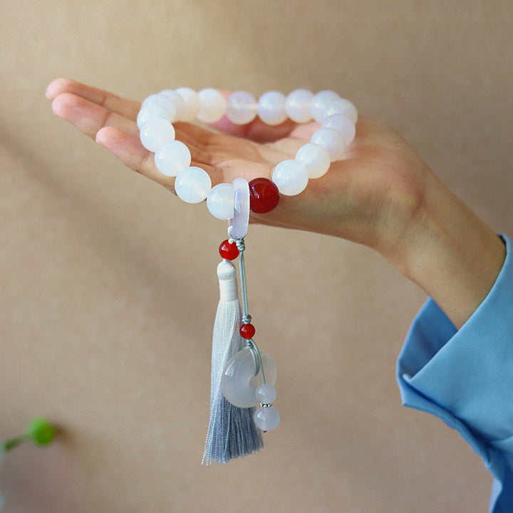 Buddha Stones Witte agaat, rode agaat, Pols Mala met kwastjes, Mala, autodecoratie - 12mm - image 2