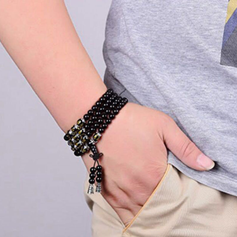 Buddha Stones Zwarte obsidiaan Mala Armband met de zes ware woorden ter bescherming - image 2