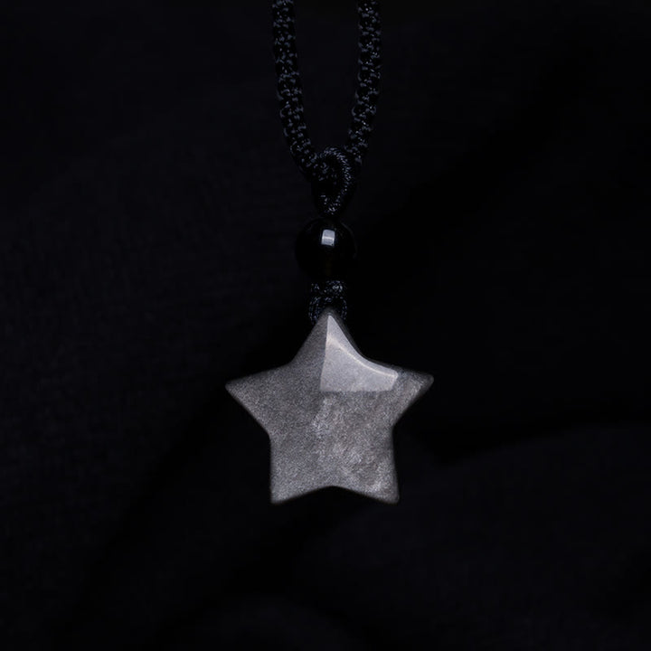 Buddha Stones Natuurlijke zilverglanzende obsidiaan ster halve maan Ketting - image 3