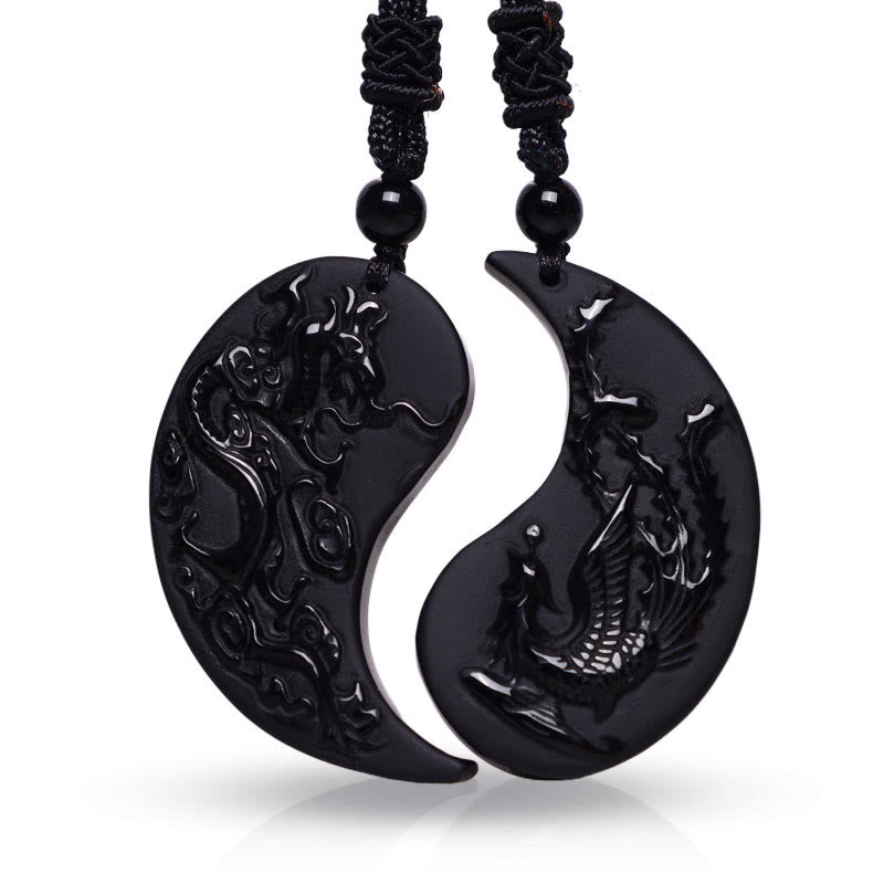 Buddha Stones Kettinghanger van zwarte obsidiaan met Yin Yang draak en feniks Ketting . - image 0