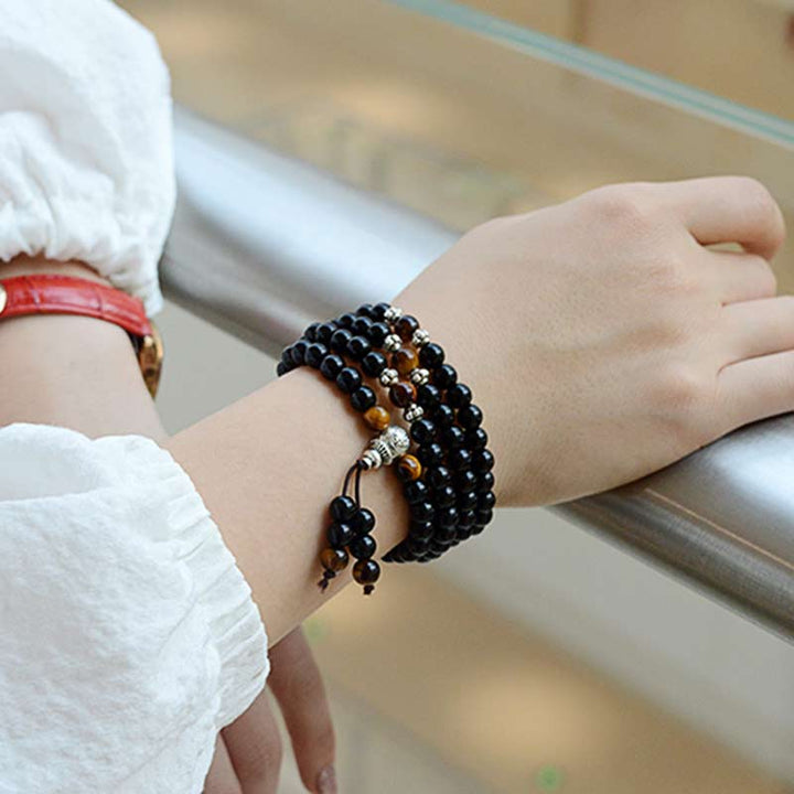 Buddha Stones Zwarte obsidiaan tijgeroog zegen Mala Armband - image 2