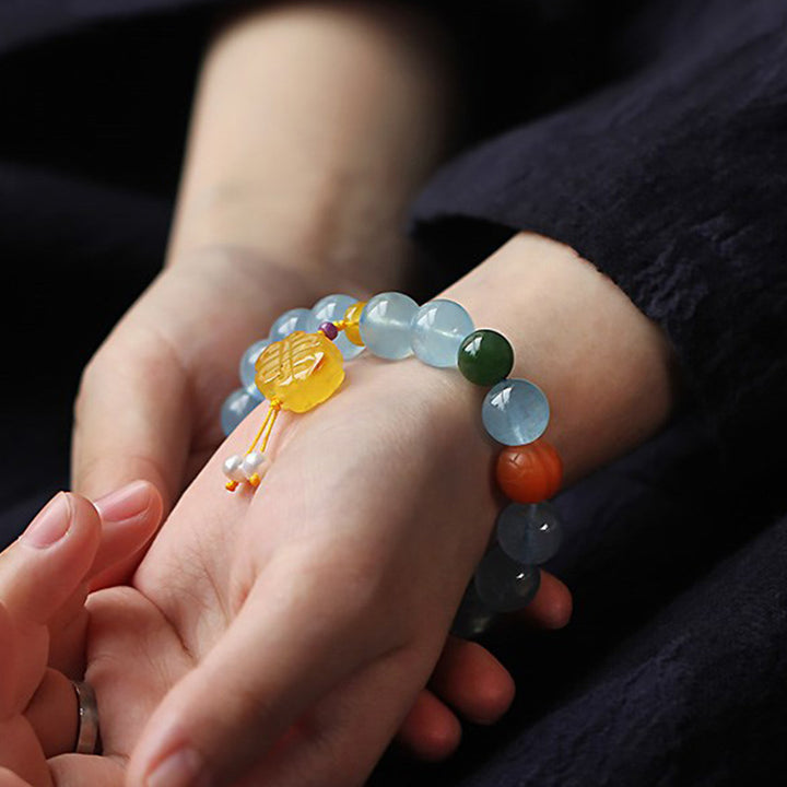 Buddha Stones Natuurlijke aquamarijn barnsteen Chinese knoop bedel Armband - image 2