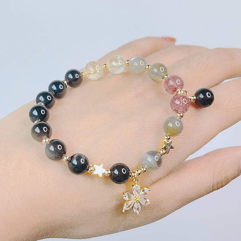 Buddha Stones Armband van obsidiaan met natuurlijke zilverglans, hart, ster en bloem. - image 14
