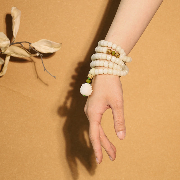 Buddha Stones Witte jade Bodhi Lotus Mala Harmonie Ketting en Armband - image 5