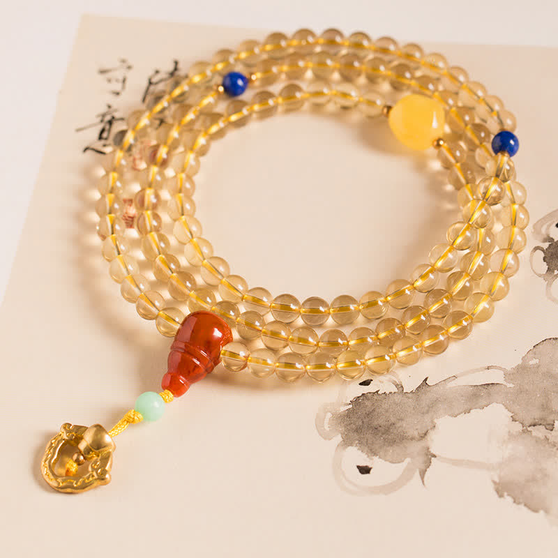925 Sterling Zilveren Mala met 108 kralen, natuurlijke citrien, rode agaat en amber, en een Armband met pleziermotief. - Citrien en rode agaat - 8mm - image 0