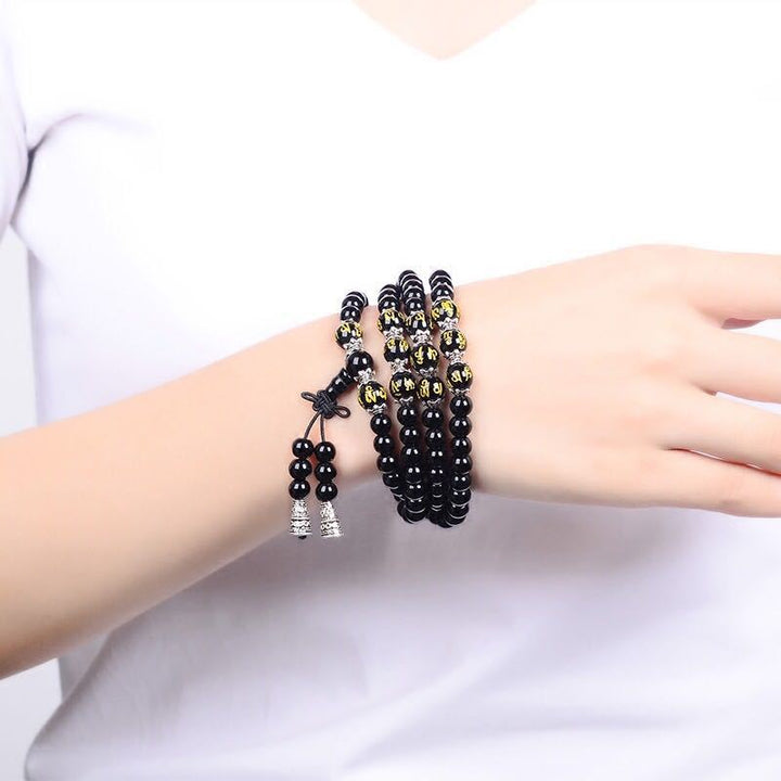 Buddha Stones Zwarte obsidiaan Mala Armband met de zes ware woorden ter bescherming - image 4