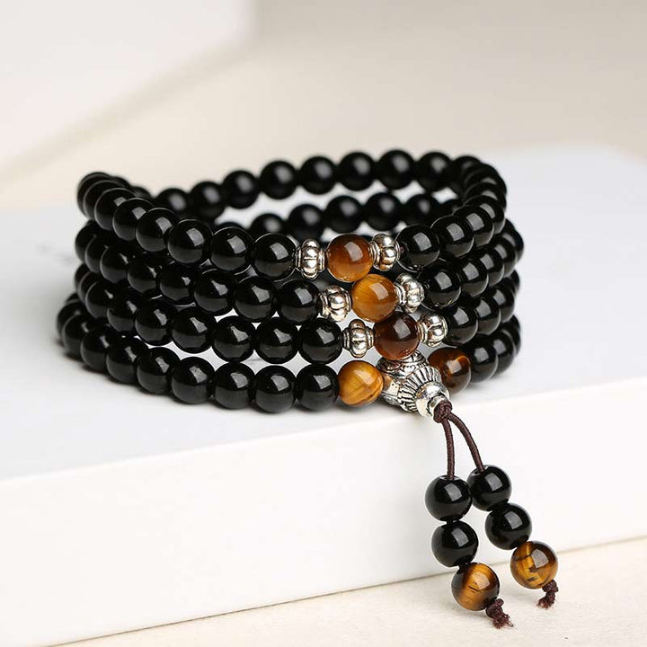 Buddha Stones Zwarte obsidiaan tijgeroog zegen Mala Armband - image 3