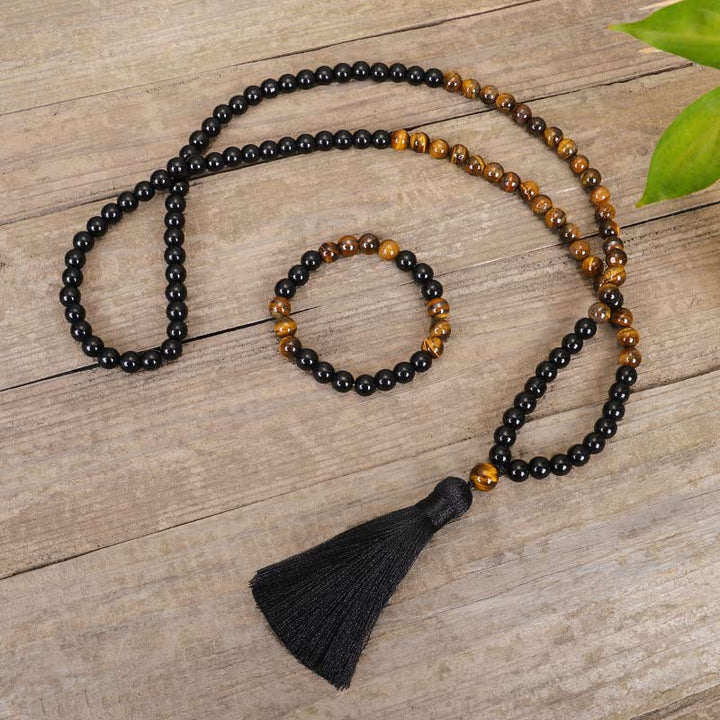 Buddha Stones Tibetaanse zwarte onyx tijgeroog Ketting Mala set - image 1