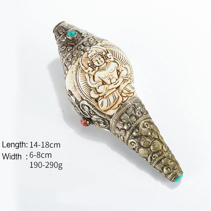 Tibetaanse handgemaakte gegraveerde Shankha Boeddha schelp decoratie, symbool voor welvaart en positiviteit. - Boeddha van een lang leven - image 9