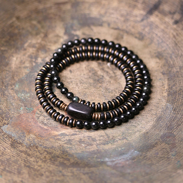 Buddha Stones Regenboog Obsidiaan Ebbenhout Koper Genezende Drievoudige Armband - image 11