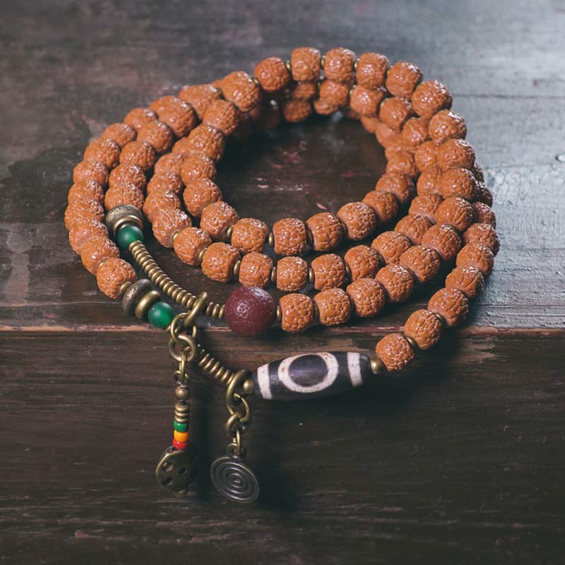 Buddha Stones 108 Mala Rudraksha kralen Bodhi Seed Dzi kralen Geluk Voorspoed Kwastje Armband - 18 cm - image 0