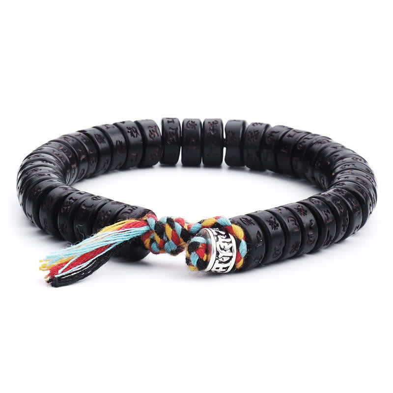 Buddha Stones Tibetaanse armband met kralen van kokosnootschelpen en gegraveerde Om Mani Padme Hum mantra ( Armband ). - Kokosnootschaal (Polsomtrek 17-21 cm) - image 0