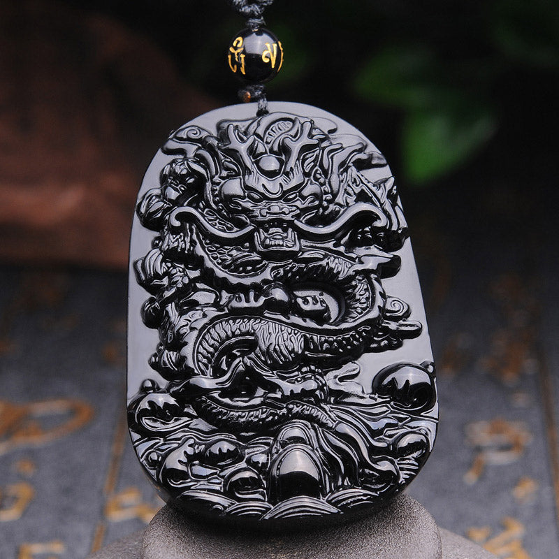 Buddha Stones Ketting met draak en symbool van vervulling van zwarte obsidiaansteen - image 1