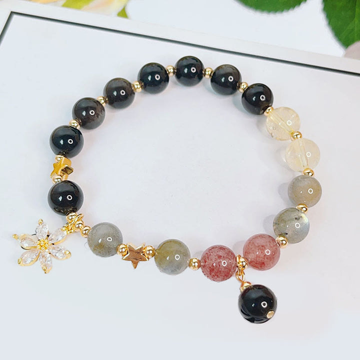Buddha Stones Armband van obsidiaan met natuurlijke zilverglans, hart, ster en bloem. - image 12