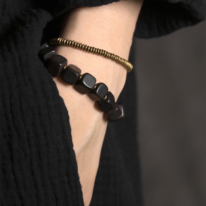 Buddha Stones Tibetaanse Armband van ebbenhout en koper met vredesmotief, dubbele wikkeling - image 2
