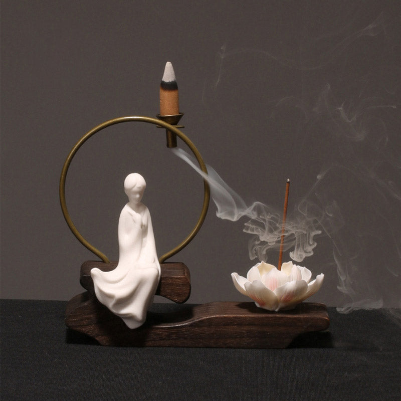 Buddha Stones Keramische lotusvormige wierookbrander voor Wierook meditatie. - Witte schildering - image 7