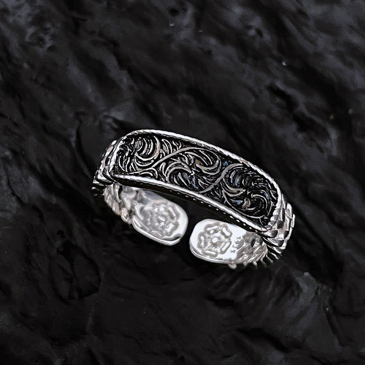 Buddha Stones Tang-dynastie Manchetarmband met bloemmotief, gegraveerd door koper , Bangle Ring - Zilveren Tang-dynastie bloemmotief - Ring - image 7