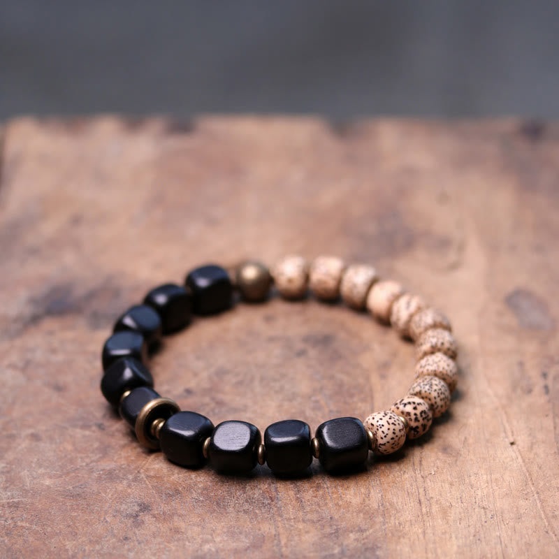 Buddha Stones Tibetaanse Bodhizaadarmband van zwarte obsidiaan , ebbenhout en koper - Bodhi Seed&amp;Square Ebony Wood - 18 cm - image 5