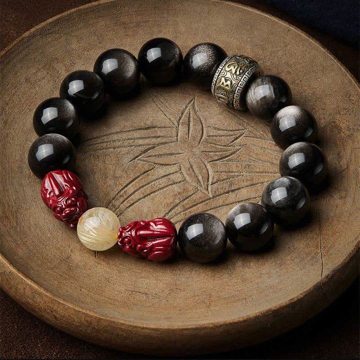 Buddha Stones Gouden glans obsidiaan PiXiu cinnaber Om Mani Padme Hum Armband - image 12