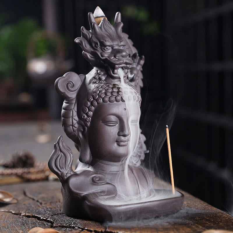 Buddha Stones Draak Boeddha Gelukbrengende Wolken Paarse Klei Genezende Wierook Decoratie - image 1