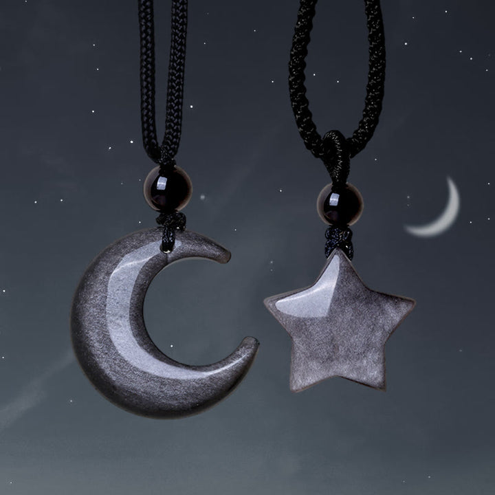 Buddha Stones Natuurlijke zilverglanzende obsidiaan ster halve maan Ketting - Paar (Ster &amp; Maan) - image 10
