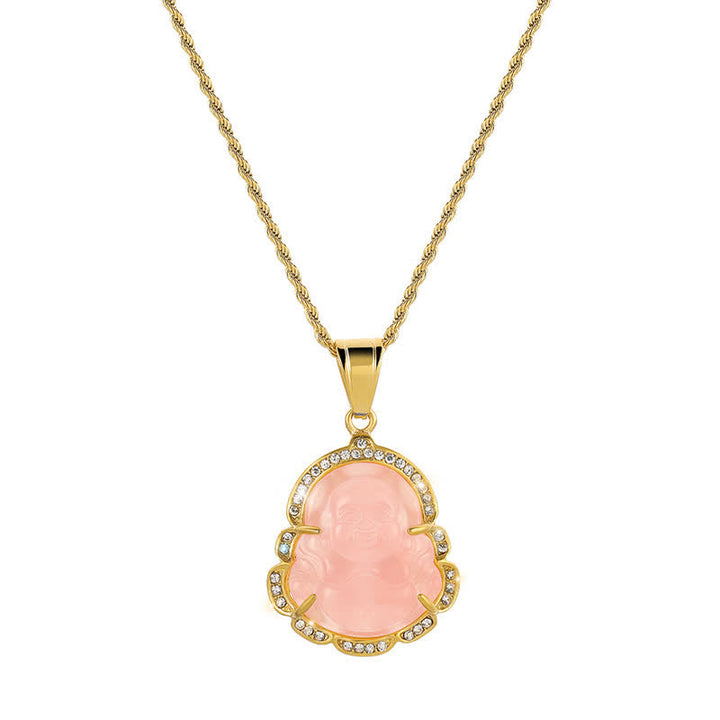 Buddha Stones Ketting met lachende Boeddha van jade, 18 karaats verguld - Roze - image 8