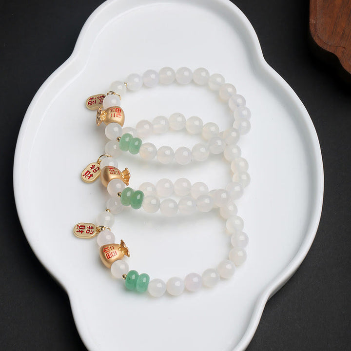 Buddha Stones Natuurlijke witte agaat, rode agaat, geldzak, Fu-teken, klavertje vier, Armband - image 3