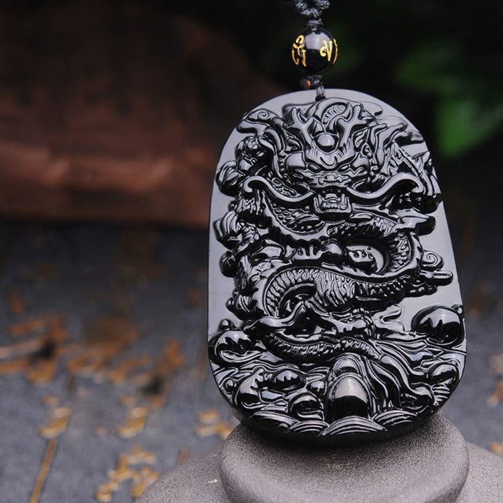 Buddha Stones Ketting met draak en symbool van vervulling van zwarte obsidiaansteen - image 9