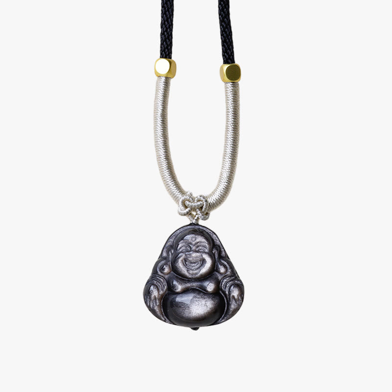 Buddha Stones Natuurlijke zilverkleurige obsidiaan lachende Boeddha Ketting - image 10