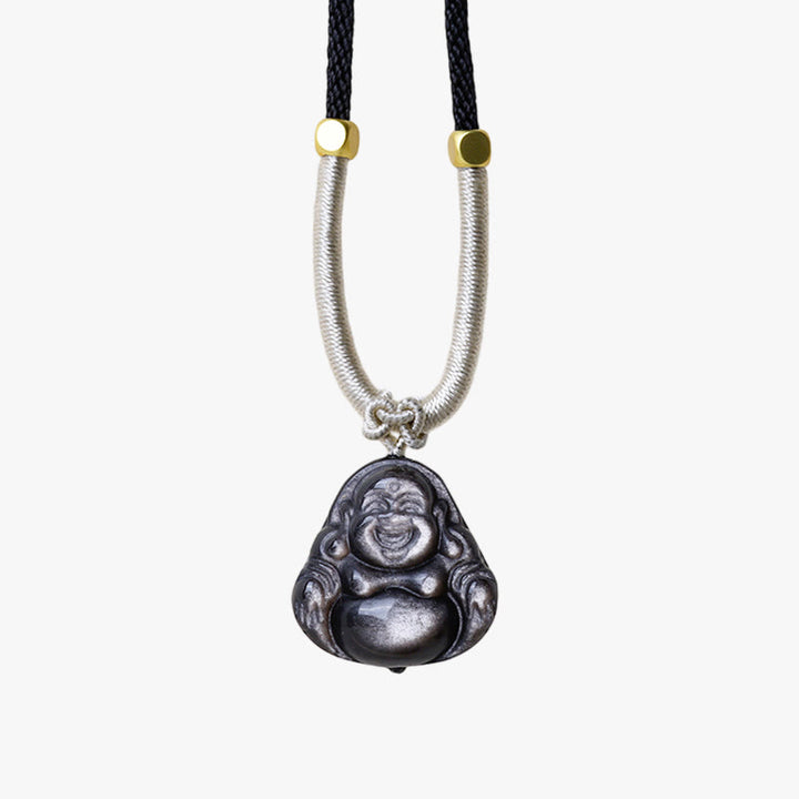 Buddha Stones Natuurlijke zilverkleurige obsidiaan lachende Boeddha Ketting - image 10