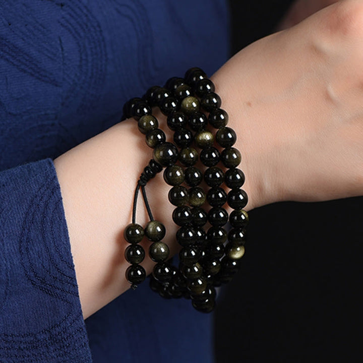 Buddha Stones 108 Mala kralen, natuurlijke goudglans obsidiaan, rijkdom Armband - image 10