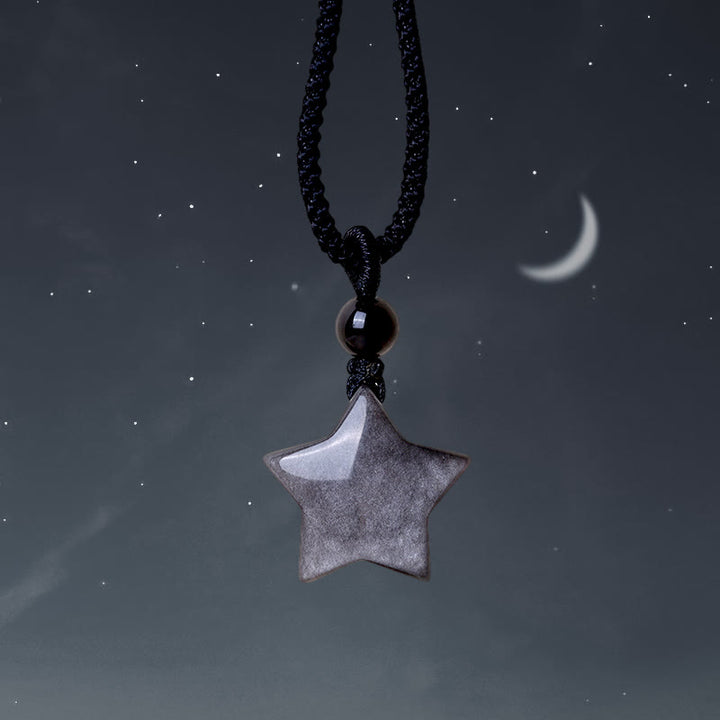 Buddha Stones Natuurlijke zilverglanzende obsidiaan ster halve maan Ketting - Ster - image 0