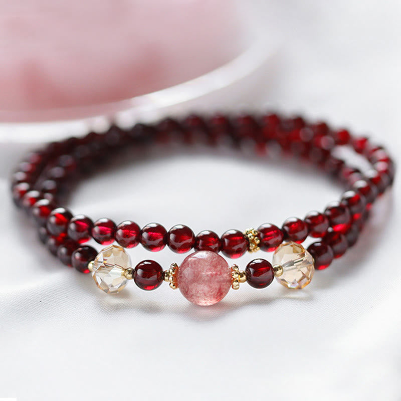 Buddha Stones 14K vergulde Armband met natuurlijke granaat en aardbeikwarts, dubbele wikkelconstructie - image 3