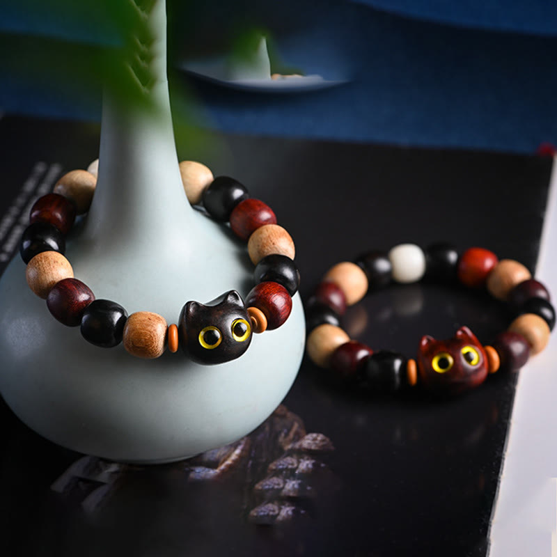 Buddha Stones Armband met kleine blaadjes, rood sandelhout, ebbenhout en schattige kat, gegraveerd ter bescherming - image 19