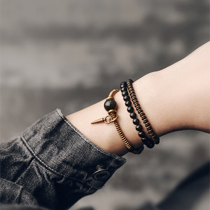 Buddha Stones Regenboog Obsidiaan Ebbenhout Koper Genezende Drievoudige Armband - image 6