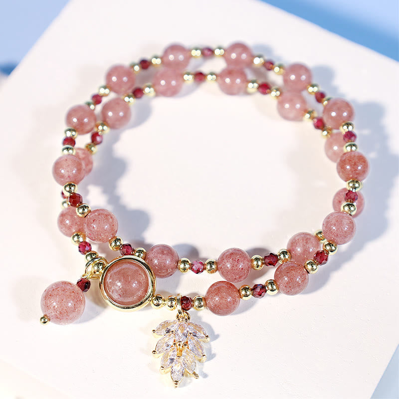 Buddha Stones Armband met dubbele wikkeling, bedeltje van natuurlijk aardbeikwarts, liefdesgenezing en esdoornblad. - image 4