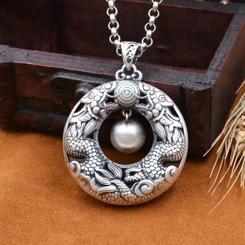 Buddha Stones Dubbele draak spelende kraal koperen beschermingsketting Ketting - image 3