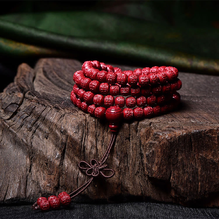 Buddha Stones 108 Mala kralen met cinnaber Om Mani Padme Hum patroon gegraveerde Armband - image 13